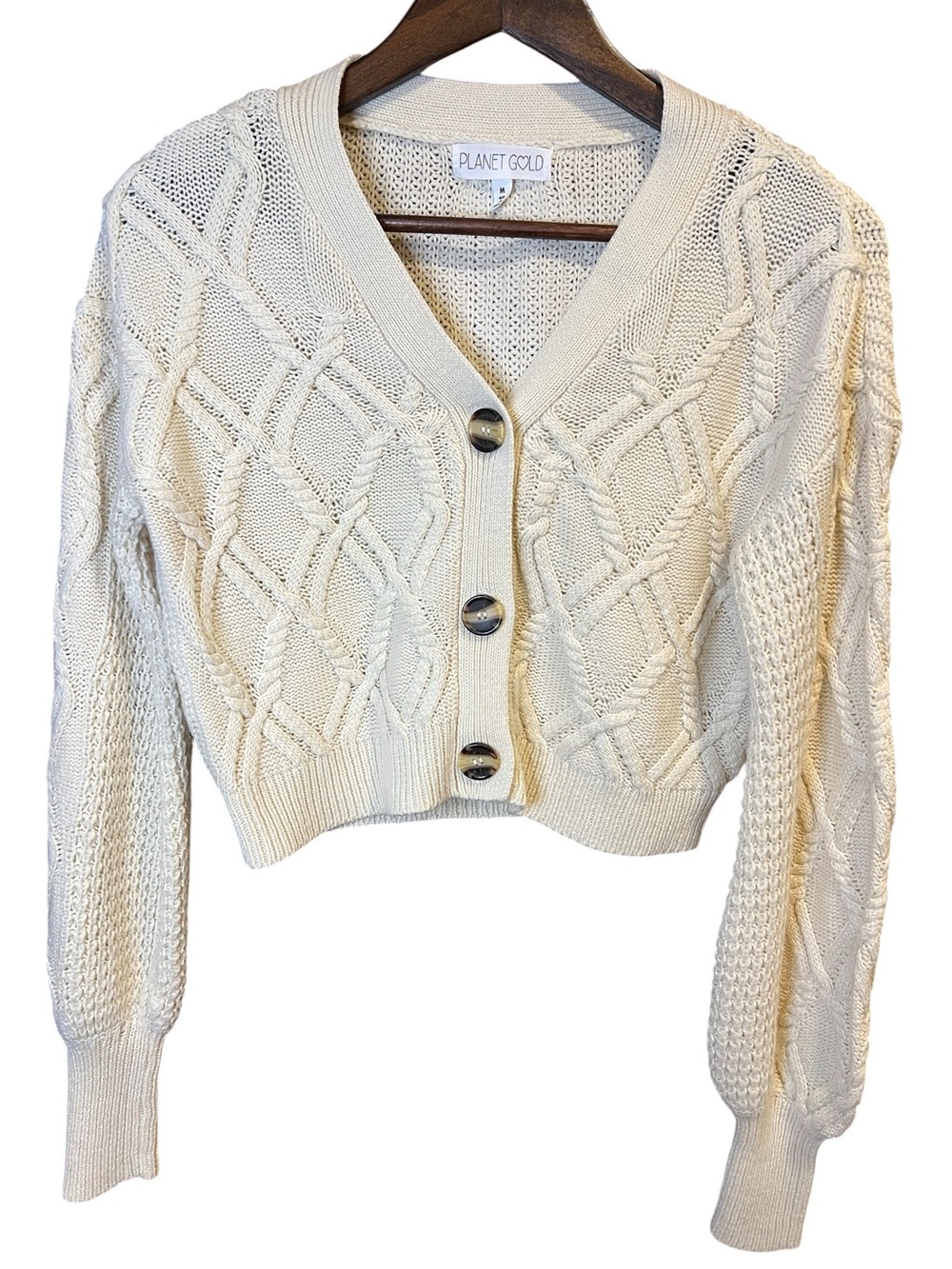 Planet Gold Ivory Cable-Knit Cropped Cardigan Sweater